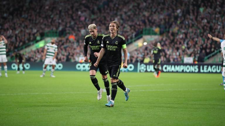Luka Modric celebra el segundo gol del Real Madrid en su visita al Celtic