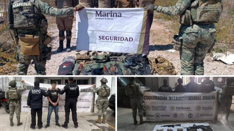 Personal naval mantiene el resguardo del armamento y equipo táctico asegurado en el puerto de Mazatlán.