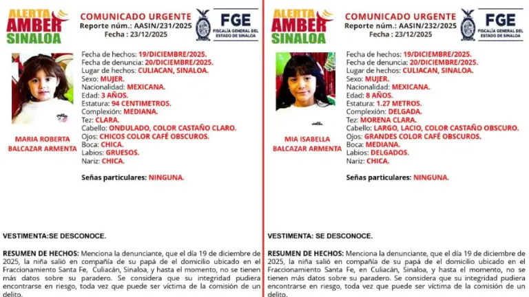 La Fiscalía de Sinaloa emitió dos Alertas Amber para la localización de las hermanas desaparecidas en Culiacán.