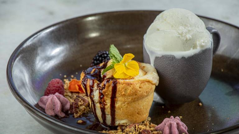 Cheesecake roll con helado de vainilla artesanal y salsa de frutos rojos silvestres.