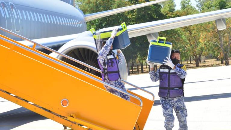 Personal de la Fuerza Aérea descarga las vacunas de Sinovac.