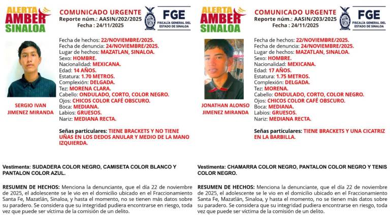 La FGE emitió dos Alertas Amber para la localización de Sergio Iván y Jonathan Alonso.