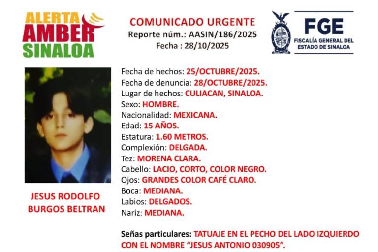 Buscan a Jesús Rodolfo, de 15 años, desaparecido en Culiacán desde el sábado 25 de octubre