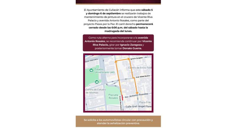 El Ayuntamiento informó que el carril derecho de esta céntrica intersección permanecerá cerrado desde la tarde del sábado hasta la madrugada del lunes.