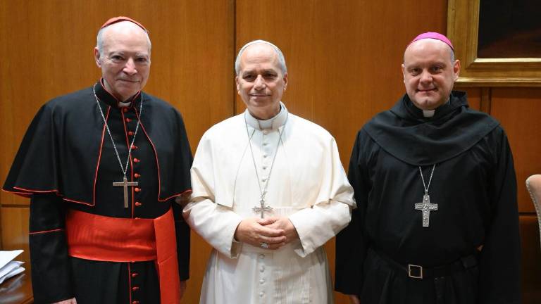 El Cardenal Carlos Aguiar Retes, Arzobispo Primado de México y Monseñor Francisco Javier Acero, Obispo Auxiliar de la Arquidiócesis de México, sostuvieron un encuentro con el Papa León XIV.
