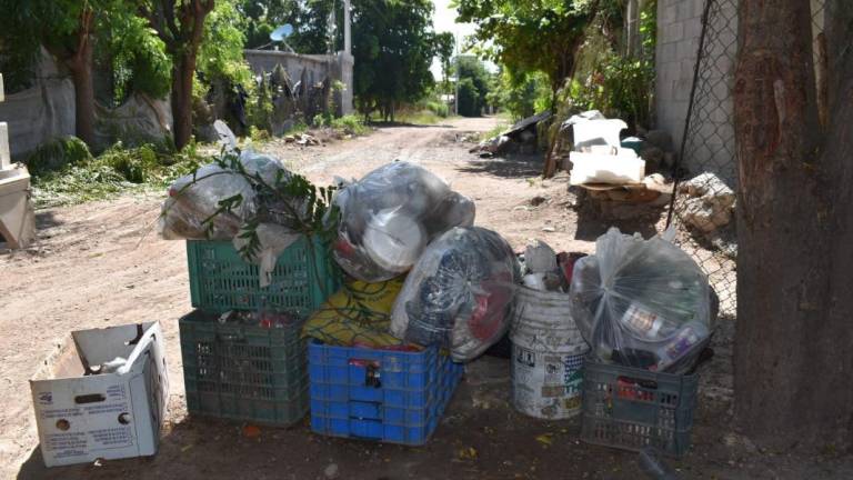 Afuera de las casas del ejido La Flor se acumulan bolsas, jabas y cartones llenos de desechos que en algunos casos no son recolectados desde hace semanas.