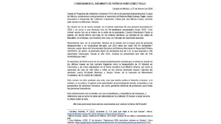 El posicionamiento del Programa de Derechos Humanos de la Universidad Iberoamericana Ciudad de México para exige justicia y protección para personas buscadoras.