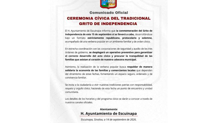 El Ayuntamiento de Escuinapa confirmó la celebración del Grito de Independencia.