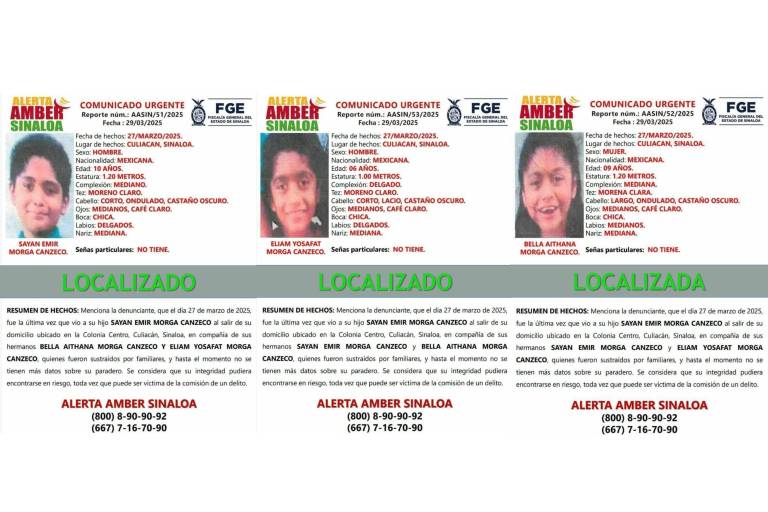Fiscalía de Sinaloa desactiva 10 alertas Ámber tras localizar a menores desaparecidos