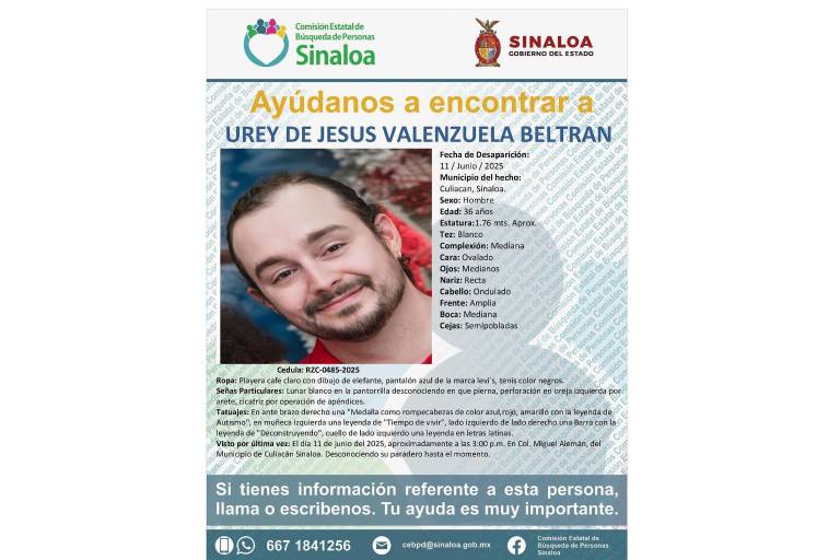 Buscan a Urey de Jesús Valenzuela, de 36 años, desaparecido en Culiacán