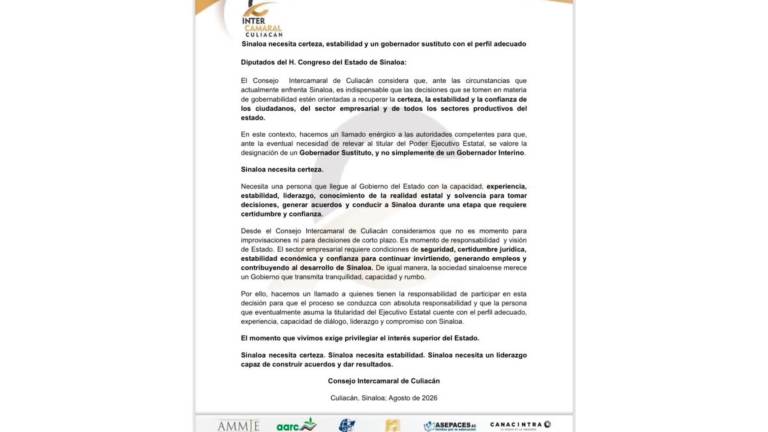 El Consejo Intercamaral de Culiacán plantea que el próximo titular del Ejecutivo tenga experiencia, liderazgo y capacidad para recuperar la estabilidad y confianza en la entidad.
