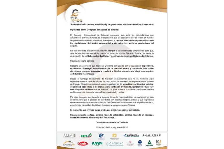 El Consejo Intercamaral de Culiacán plantea que el próximo titular del Ejecutivo tenga experiencia, liderazgo y capacidad para recuperar la estabilidad y confianza en la entidad.