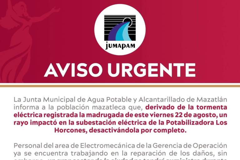 Varias zonas de Mazatlán tendrán desabasto de agua por tormenta eléctrica
