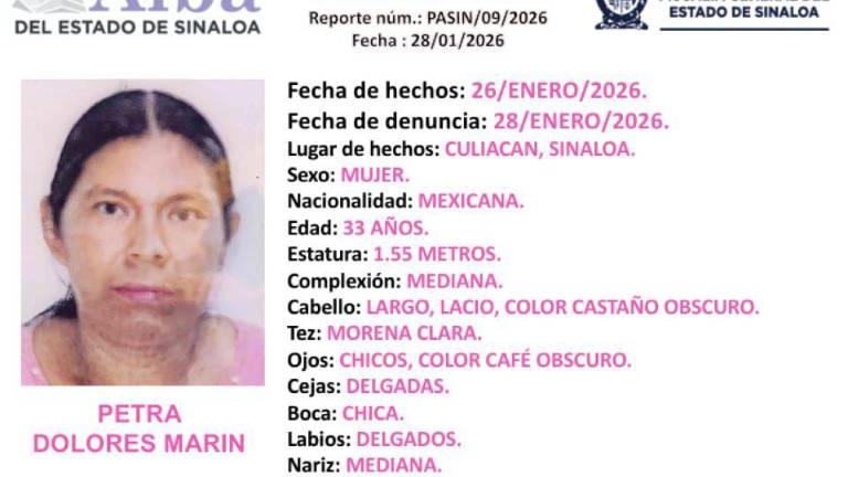 La Fiscalía General del Estado difundió la ficha de búsqueda de Petra Dolores Marín, desaparecida al sur de Culiacán.