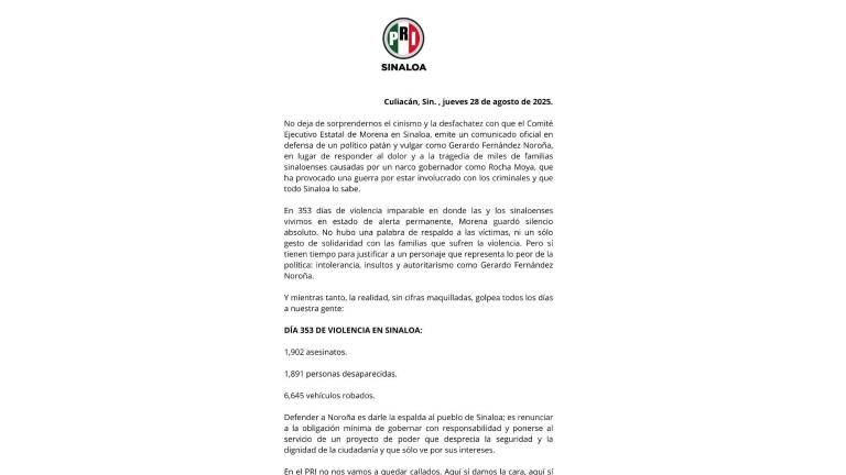 El PRI en Sinaloa acusó a Morena de ignorar la violencia en el estado y priorizar la defensa de Gerardo Fernández Noroña.