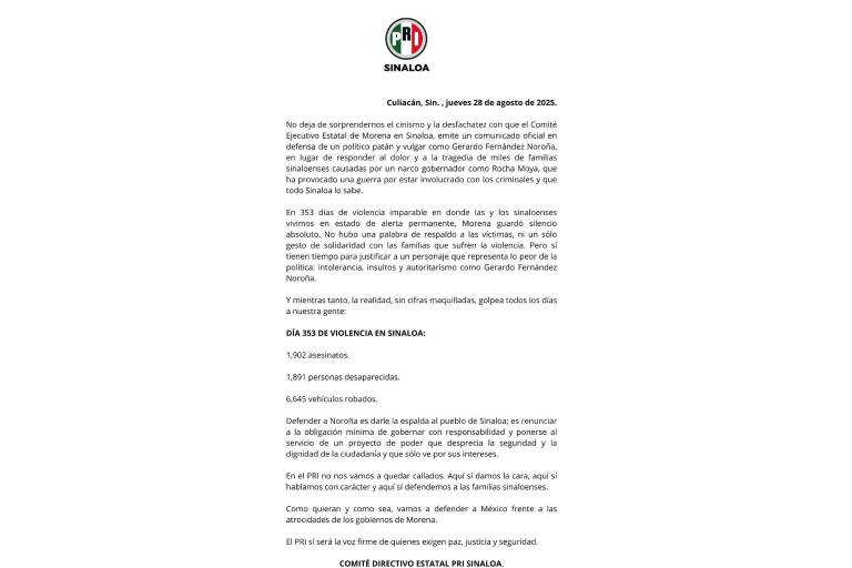 Defender a Noroña es darle la espalda al pueblo que sufre la violencia, acusa PRI Sinaloa