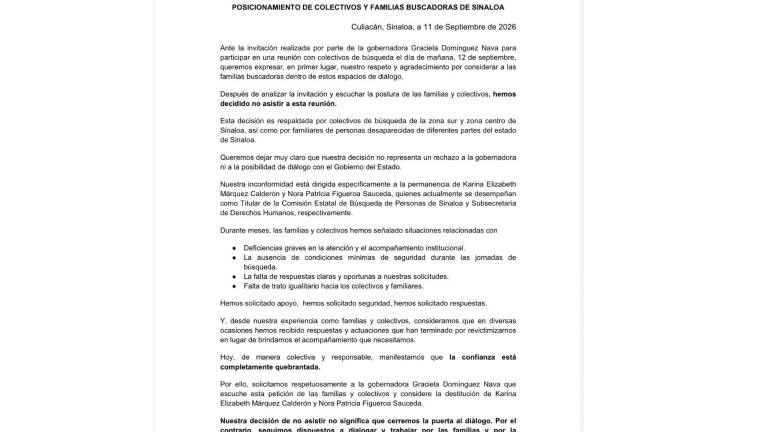 Los colectivos solicitaron a Domínguez Nava considerar la destitución de ambas funcionarias y pidieron que cualquier nuevo espacio de diálogo pueda realizarse sin su presencia ni intervención.