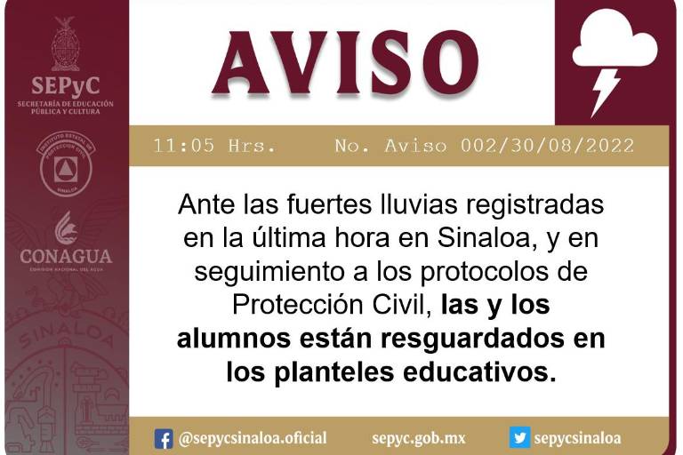 Por lluvias en Culiacán, alumnos son resguardados en planteles educativos