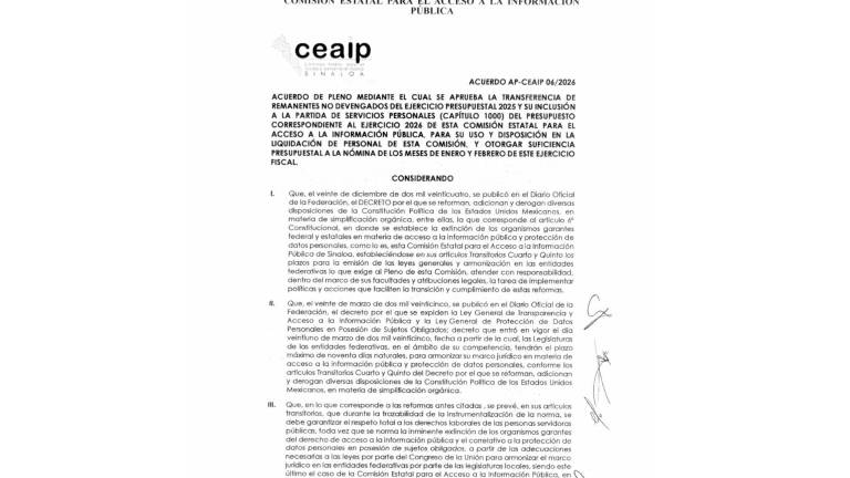El pleno de la CEAIP aprobó destinar más de 15.2 millones de pesos de remanentes para liquidaciones de personal y pago de nómina previo a la desaparición del organismo.