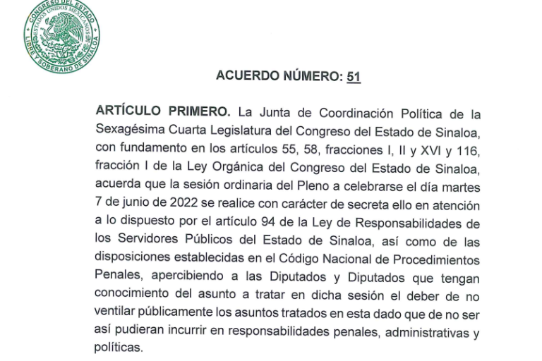 Congreso de Sinaloa acuerda sesión secreta para este 7 de junio; tratarán desafuero de Estrada Ferreiro