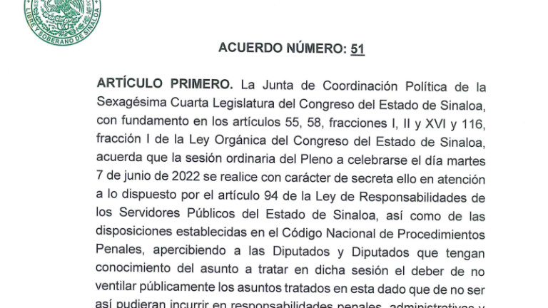 Congreso de Sinaloa acuerda sesión secreta para este 7 de junio; tratarán desafuero de Estrada Ferreiro