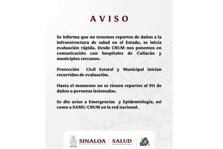 Sin daños en hospitales por temblor en Culiacán: Salud Sinaloa