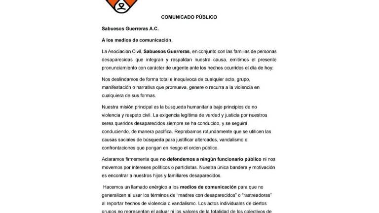 La Asociación Civil Sabuesos Guerreras se deslindó de cualquier acto registrado este domingo durante la marcha por la paz en Culiacán.