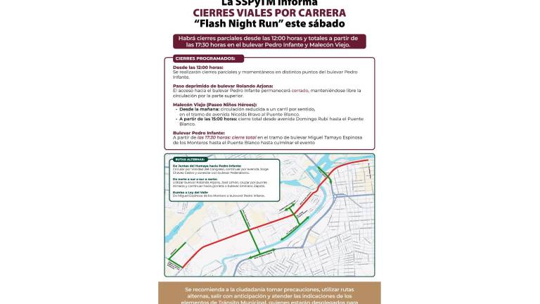 Autoridades cerrarán vialidades principales en Culiacán por la realización de la carrera “Flash Night Run”