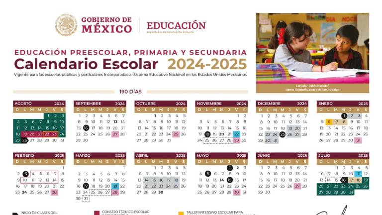 El calendario escolar 2024-2025 con 190 días para preescolar, primaria y secundaria.