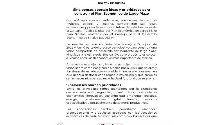 La ciudadanía sinaloense presentó 454 aportaciones para definir el rumbo del Plan Económico de Largo Plazo.