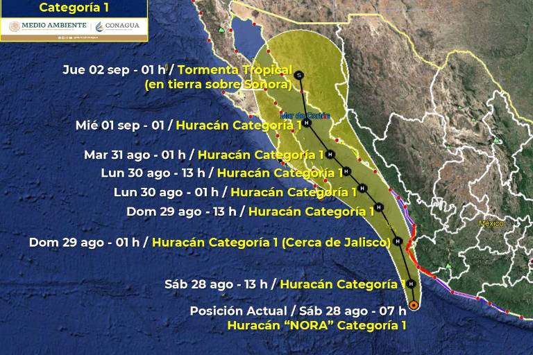 Huracán Nora cruzará frente a Mazatlán entre este domingo y el lunes