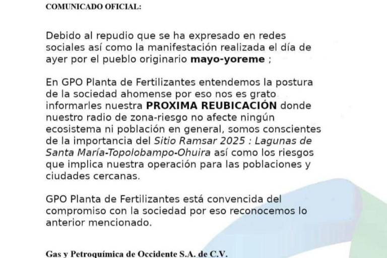 Difunden supuesto comunicado que anuncia reubicación de planta de amoniaco; GPO lo desmiente