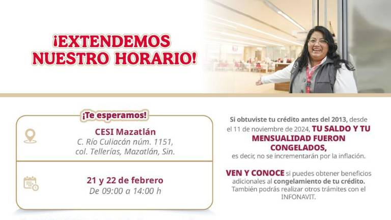El Infonavit invita a acercarse a sus oficinas de Sinaloa este 21 y 22 de febrero para recibir información sobre programas de vivienda.