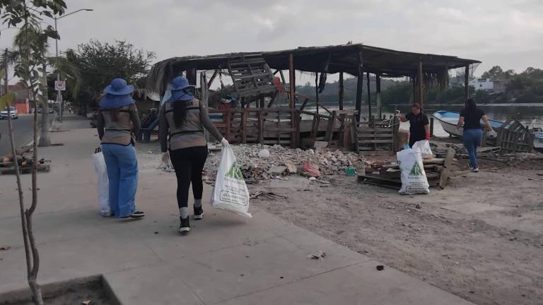 Personal del Gobierno de Mazatlán, junto con del sector portuario, realizan jornada de limpieza en el Estero del Infiernillo.
