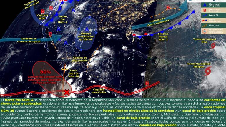 Una zona de baja presión en el Pacífico mantiene un 80 por ciento de potencial para desarrollo ciclónico en los próximos siete días.