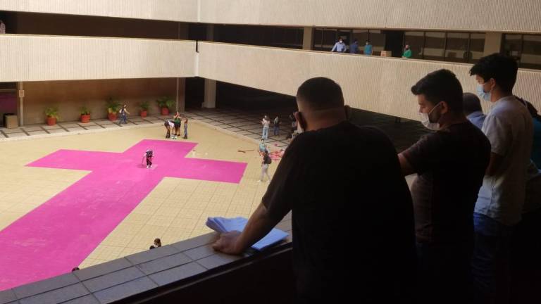 Mujeres recuerdan la violencia que se ejerce contra ellas en Sinaloa; pintan cruz rosa gigante en Palacio de Gobierno