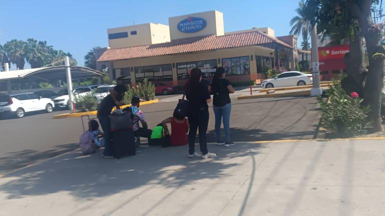 Personas se cubren del sol bajo la sombre de los arboles mientras esperan el camión urbano.