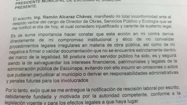 Ramón Alcaraz Chávez solicitó que se le entregue notificación laboral por escrito, debidamente fundada y motivada por la autoridad competente.