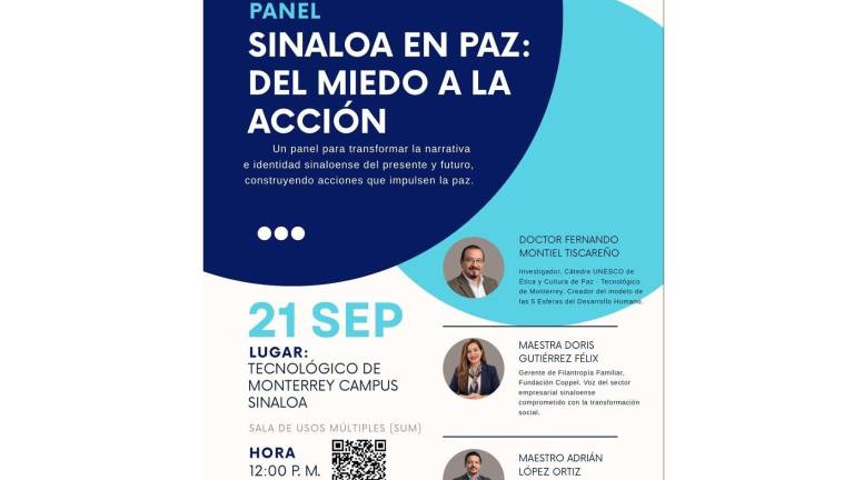 El encuentro será a las 12:00 horas del lunes 21 de septiembre, en la Sala de Usos Múltiples (SUM) del Tecnológico de Monterrey Campus Sinaloa, en Culiacán.