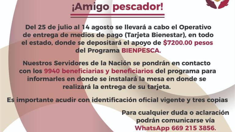 Los apoyos llegarán del 25 de julio al 14 de agosto para casi 10 mil beneficiarios en Sinaloa.