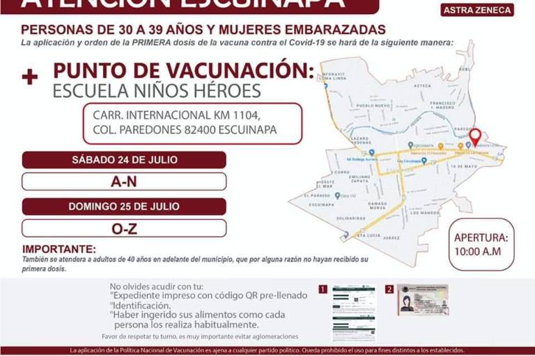 Escuinapa vacunará el fin de semana a los de 30 a 39 años