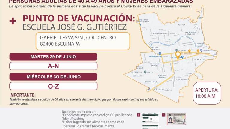 Cuatro sindicaturas de Escuinapa empezaran la aplicación de la primera dosis de la vacuna contra covid-19 a personas de 40 a 49 años
