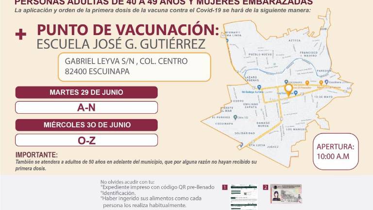 Cuatro sindicaturas de Escuinapa empezaran la aplicación de la primera dosis de la vacuna contra covid-19 a personas de 40 a 49 años