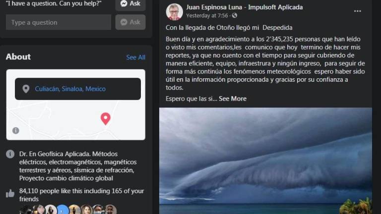 Juan Espinosa Luna dejará de emitir reportes del clima en su cuenta de Facebook personal.