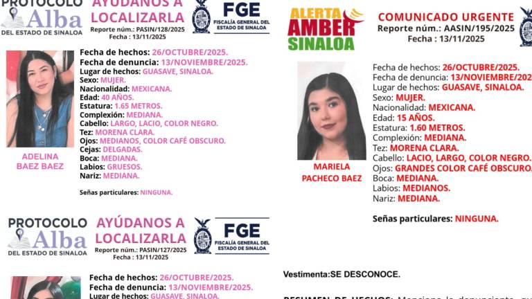 La FGE emitió fichas de búsqueda de madre y sus dos hijas desaparecidas en Guasave.