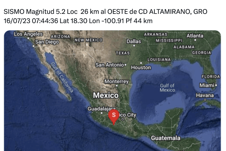 Se registra sismo de magnitud 5.2 en Guerrero; se siente en CDMX