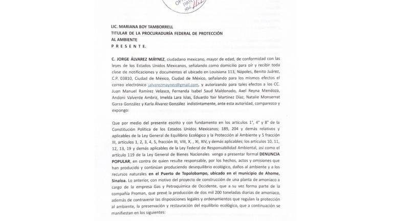 El documento fue recibido este 2 de junio de 2026 por la Oficialía de Partes de la Profepa y está dirigido a la titular de la dependencia federal, Mariana Boy Tamborrell.