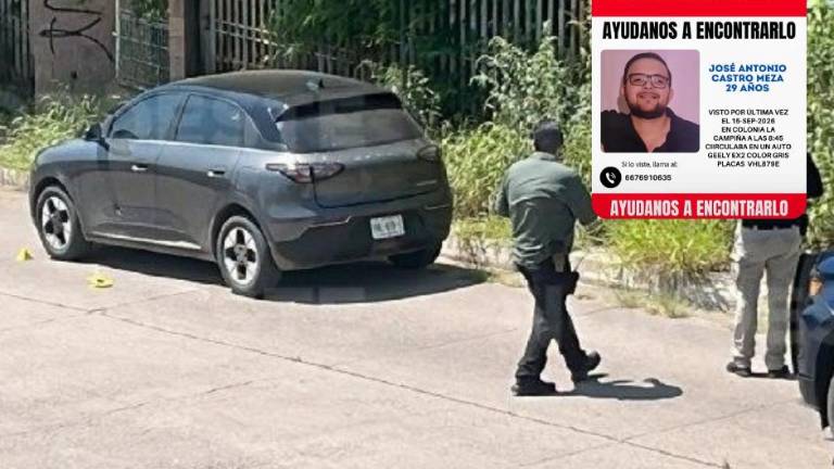 Elementos policiales resguardan el vehículo de José Antonio en la colonia Lázaro Cárdenas, Culiacán.