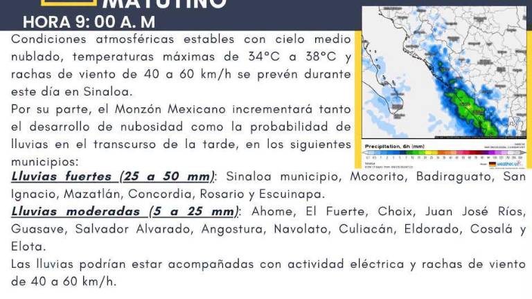 Se pronostican lluvias para Baja California, Sonora, Chihuahua, Durango, Sinaloa y Nayarit.
