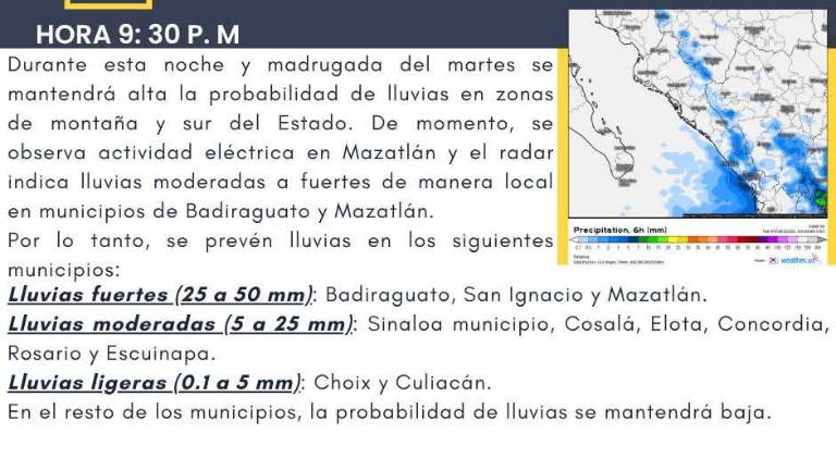 Según el pronóstico meteorológico hay probabilidad de lluvia durante la madrugada del martes.